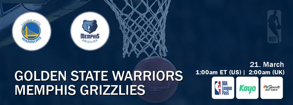 You can watch game live between Golden State Warriors and Memphis Grizzlies on NBA League Pass, Kayo Sports(AU), NBCS Bay Area(US).