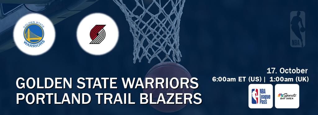 You can watch game live between Golden State Warriors and Portland Trail Blazers on NBA League Pass and NBCS Bay Area(US). You can watch game live between Golden State Warriors and Portland Trail Blazers on NBA League Pass and NBCS Bay Area(US).