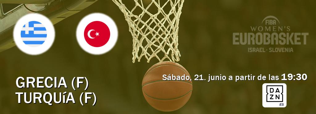 El partido entre Grecia (F) y Turquía (F) será retransmitido por DAZN España (sábado, 21. junio a partir de las  19:30).