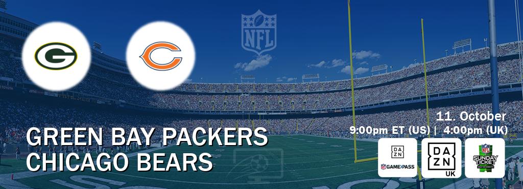 You can watch game live between Green Bay Packers and Chicago Bears on DAZN NFL Game Pass, DAZN UK(UK), NFL Sunday Ticket(US). You can watch game live between Green Bay Packers and Chicago Bears on DAZN NFL Game Pass, DAZN UK(UK), NFL Sunday Ticket(US).