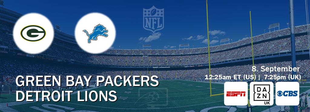 You can watch game live between Green Bay Packers and Detroit Lions on ESPN(AU), DAZN UK(UK), CBS(US). You can watch game live between Green Bay Packers and Detroit Lions on ESPN(AU), DAZN UK(UK), CBS(US).