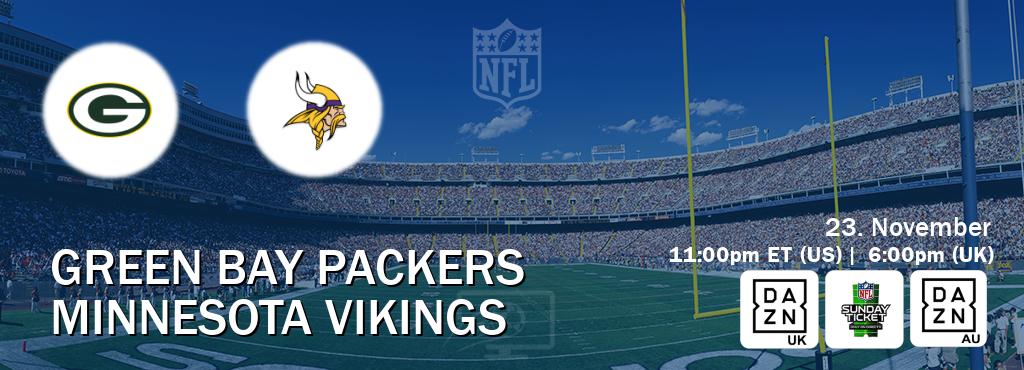 You can watch game live between Green Bay Packers and Minnesota Vikings on DAZN UK(UK), NFL Sunday Ticket(US), DAZN(AU). You can watch game live between Green Bay Packers and Minnesota Vikings on DAZN UK(UK), NFL Sunday Ticket(US), DAZN(AU).