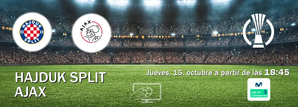 El partido entre Hajduk Split y Ajax será retransmitido por Movistar Liga de Campeones 3 (jueves, 15. octubre a partir de las 18:45). El partido entre Hajduk Split y Ajax será retransmitido por Movistar Liga de Campeones 3 (jueves, 15. octubre a partir de las 18:45).