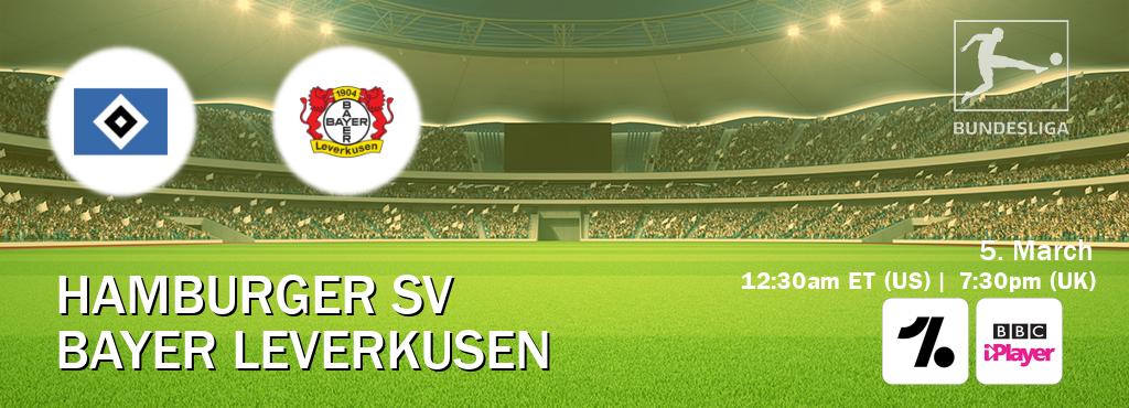 You can watch game live between Hamburger SV and Bayer Leverkusen on OneFootball and BBC iPlayer(UK). You can watch game live between Hamburger SV and Bayer Leverkusen on OneFootball and BBC iPlayer(UK).