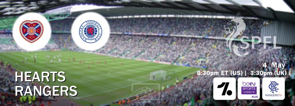 You can watch game live between Hearts and Rangers on OneFootball, beIN Sports Connect(AU), Rangers TV(UK).