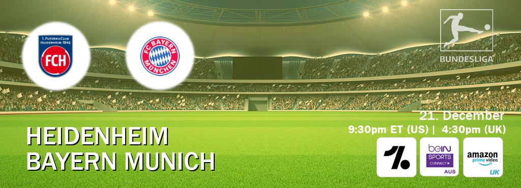 You can watch game live between Heidenheim and Bayern Munich on OneFootball, beIN Sports Connect(AU), Amazon Prime Video UK(UK).