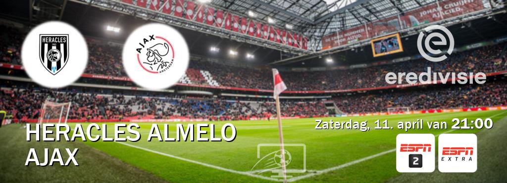 Wedstrijd tussen Heracles Almelo en Ajax live op tv bij ESPN 2, ESPN Extra (zaterdag, 11. april van 21:00). Wedstrijd tussen Heracles Almelo en Ajax live op tv bij ESPN 2, ESPN Extra (zaterdag, 11. april van 21:00).