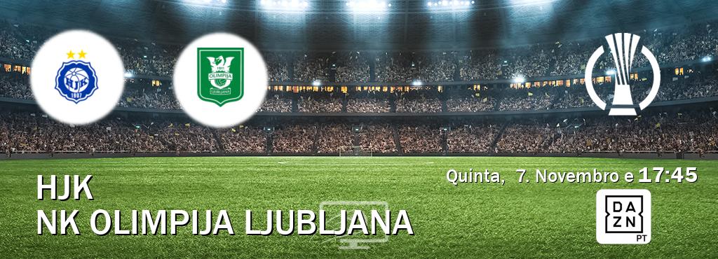 Jogo entre HJK e NK Olimpija Ljubljana tem emissão DAZN (Quinta,  7. Novembro e  17:45).