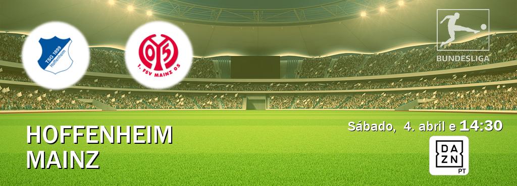 Jogo entre Hoffenheim e Mainz tem emissão DAZN (sábado,  4. abril e  14:30).