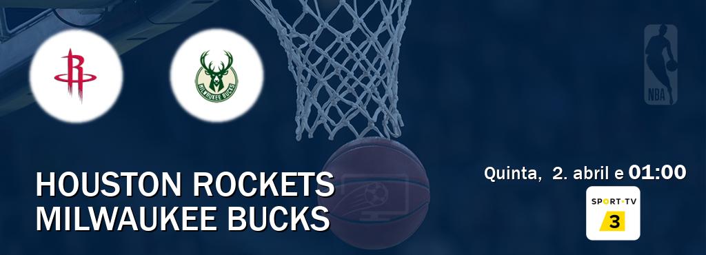 Jogo entre Houston Rockets e Milwaukee Bucks tem emissão Sport TV 3 (quinta,  2. abril e  01:00).