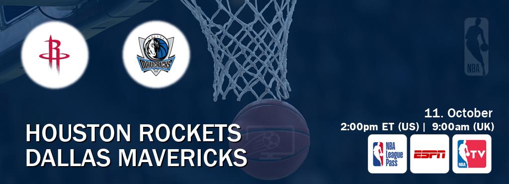 You can watch game live between Houston Rockets and Dallas Mavericks on NBA League Pass, ESPN(AU), NBA TV(US). You can watch game live between Houston Rockets and Dallas Mavericks on NBA League Pass, ESPN(AU), NBA TV(US).