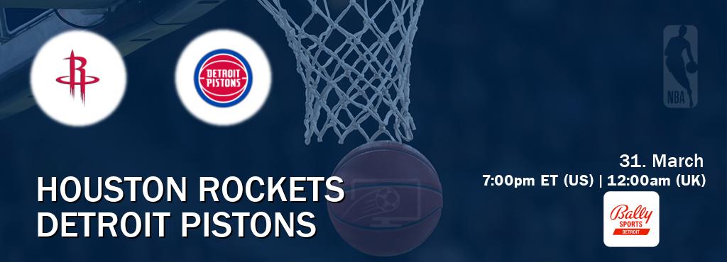 You can watch game live between Houston Rockets and Detroit Pistons on Bally Sports Detroit.