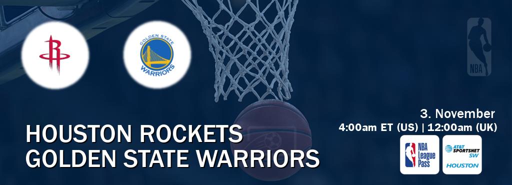 You can watch game live between Houston Rockets and Golden State Warriors on NBA League Pass and AT&T Sportsnet SW Houston(US).