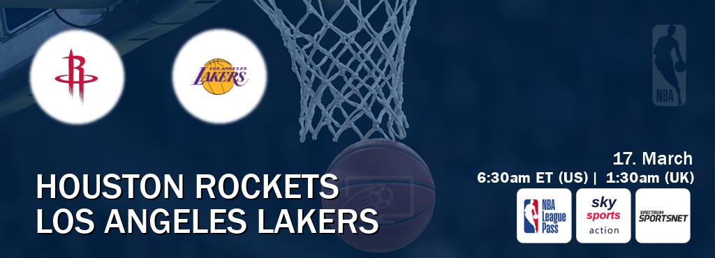 You can watch game live between Houston Rockets and Los Angeles Lakers on NBA League Pass, Sky Sports Action(UK), Spectrum SportsNet(US).