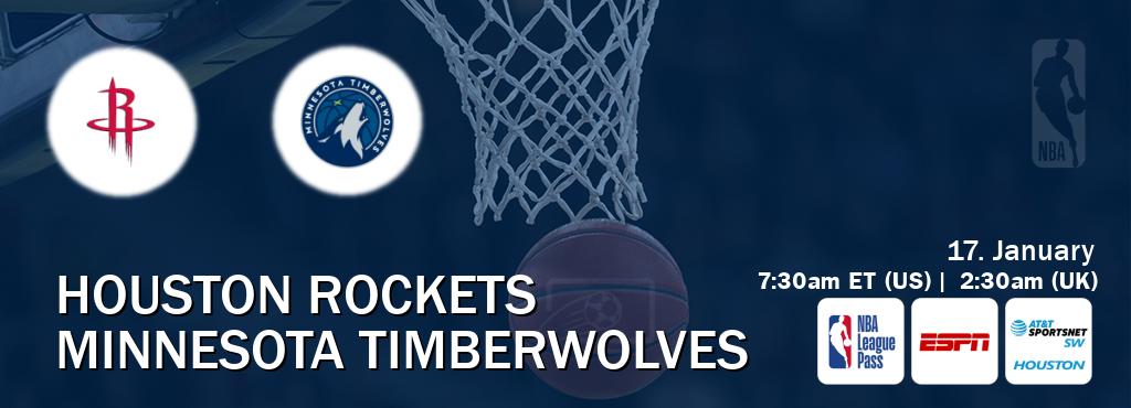 You can watch game live between Houston Rockets and Minnesota Timberwolves on NBA League Pass, ESPN(AU), AT&T Sportsnet SW Houston(US).