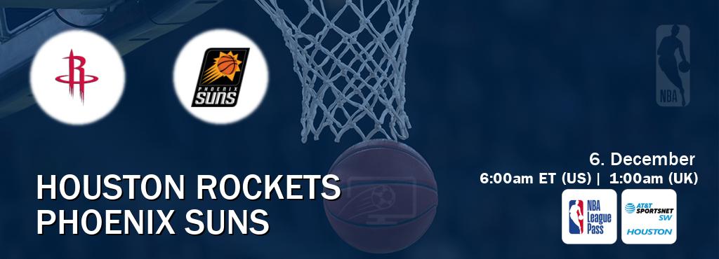You can watch game live between Houston Rockets and Phoenix Suns on NBA League Pass and AT&T Sportsnet SW Houston(US).