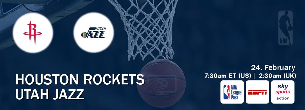 You can watch game live between Houston Rockets and Utah Jazz on NBA League Pass, ESPN(AU), Sky Sports Action(UK).