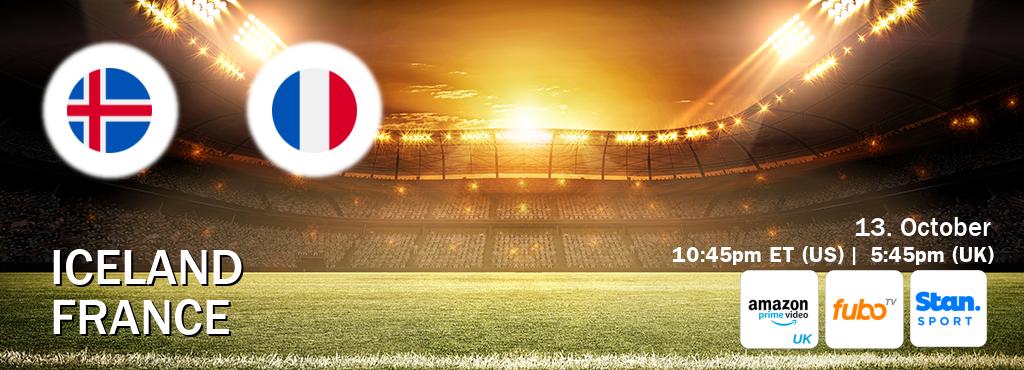 You can watch game live between Iceland and France on Amazon Prime Video UK(UK), fuboTV(US), Stan Sport(AU). You can watch game live between Iceland and France on Amazon Prime Video UK(UK), fuboTV(US), Stan Sport(AU).