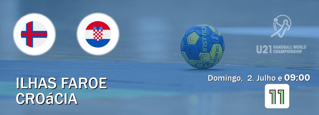 Jogo entre Ilhas Faroe U21 e Croácia U21 tem emissão Canal 11 (Domingo,  2. Julho e  09:00).