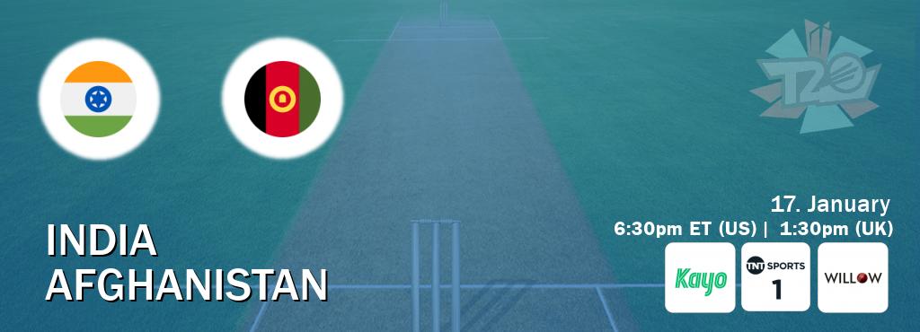 You can watch game live between India and Afghanistan on Kayo Sports(AU), TNT Sports 1(UK), Willov TV(US).