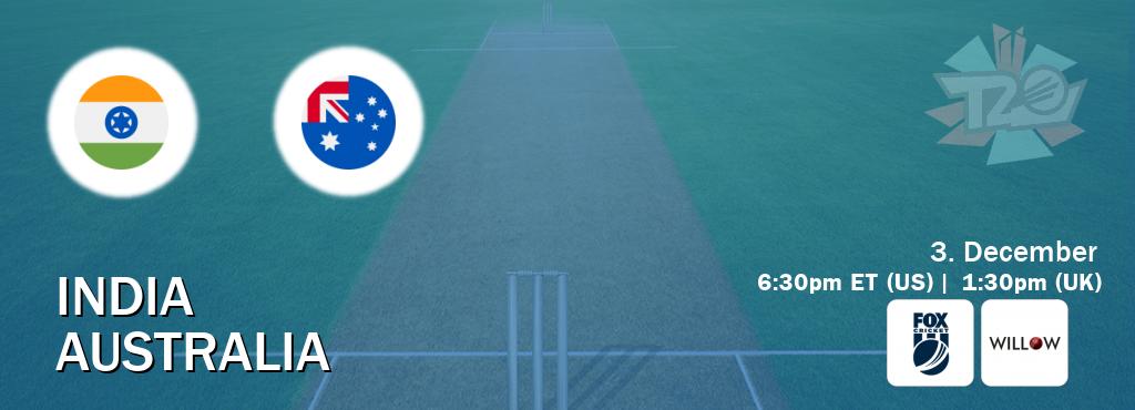 You can watch game live between India and Australia on Fox Cricket(AU) and Willov TV(US).