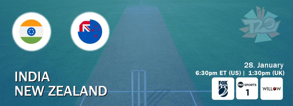 You can watch game live between India and New Zealand on Fox Cricket(AU), TNT Sports 1(UK), Willov TV(US).
