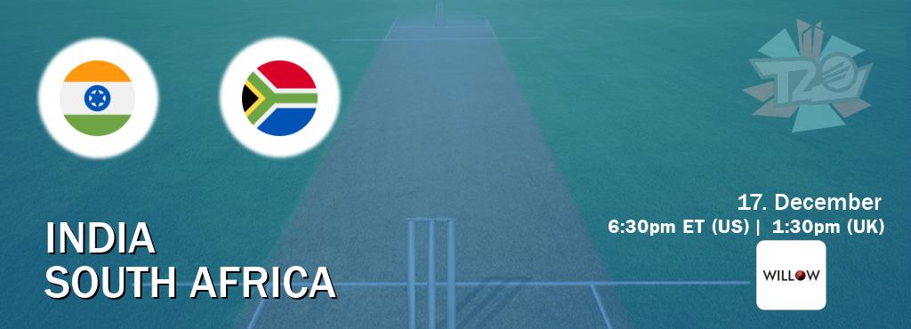 You can watch game live between India and South Africa on Willov TV(US).