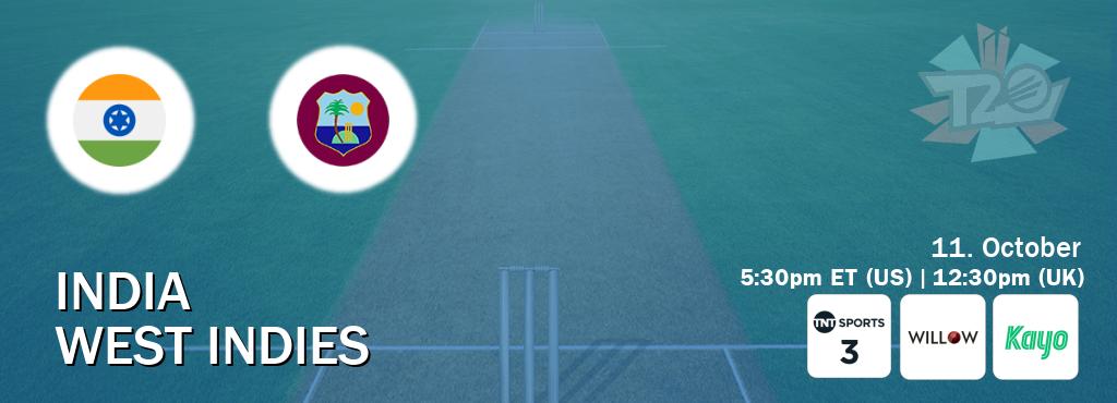 You can watch game live between India and West Indies on TNT Sports 3(UK), Willov TV(US), Kayo Sports(AU).