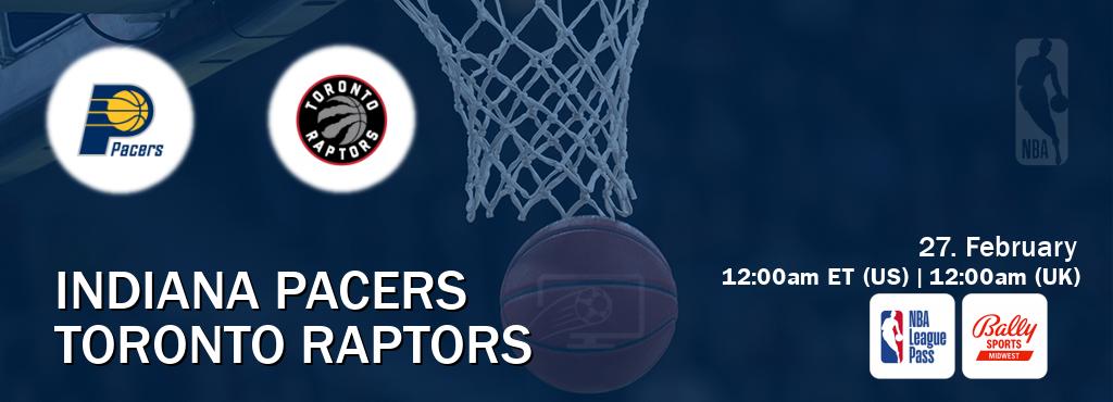 You can watch game live between Indiana Pacers and Toronto Raptors on NBA League Pass and Bally Sports Midwest(US).