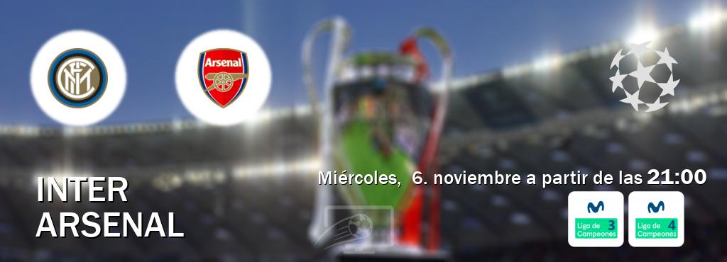 El partido entre Inter y Arsenal será retransmitido por Movistar Liga de Campeones 3 y Movistar Liga de Campeones 4 (miércoles,  6. noviembre a partir de las  21:00).