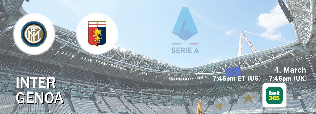 You can watch game live between Inter and Genoa on bet365(UK).