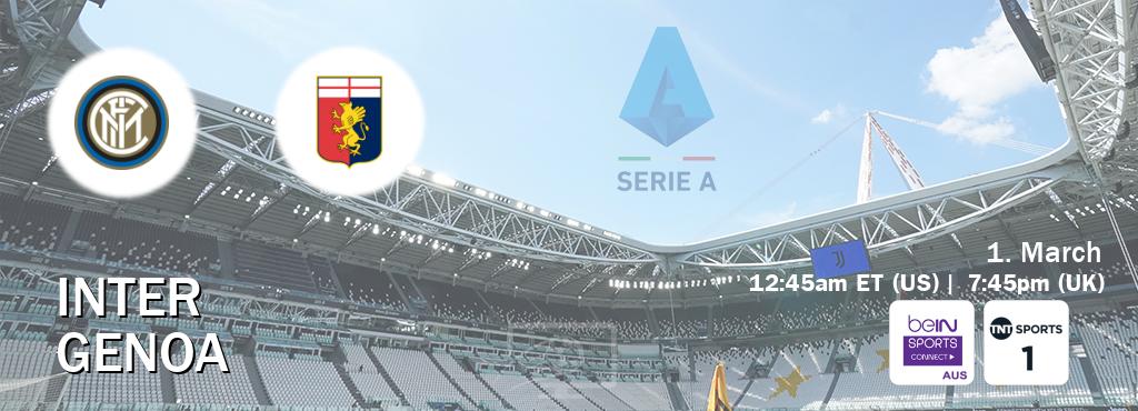 You can watch game live between Inter and Genoa on beIN Sports Connect(AU) and TNT Sports 1(UK).