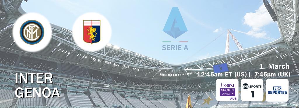 You can watch game live between Inter and Genoa on beIN Sports Connect(AU), TNT Sports 1(UK), Fox Deportes(US). You can watch game live between Inter and Genoa on beIN Sports Connect(AU), TNT Sports 1(UK), Fox Deportes(US).