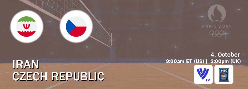 You can watch game live between Iran and Czech Republic on Volleyball TV and NBC Olympics(US).