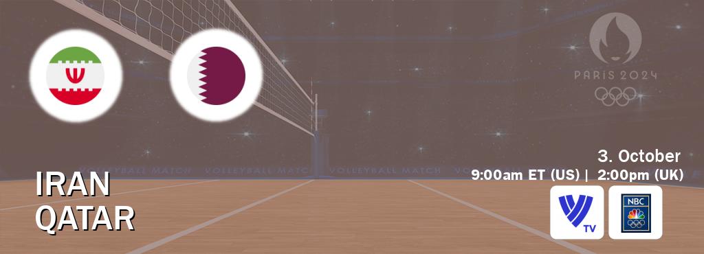 You can watch game live between Iran and Qatar on Volleyball TV and NBC Olympics(US).