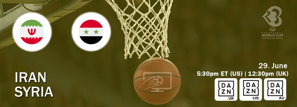 You can watch game live between Iran and Syria on DAZN UK(UK), DAZN(US), DAZN(AU).