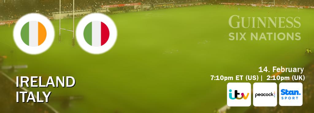 You can watch game live between Ireland and Italy on ITV(UK), Peacock(US), Stan Sport(AU).