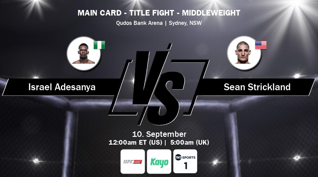 Figth between Israel Adesanya and Sean Strickland will be shown live on UFC Fight Pass, Kayo Sports(AU), TNT Sports 1(UK).