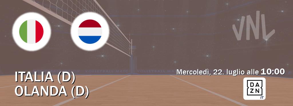 Il match Italia (D) - Olanda (D) sarà trasmesso in diretta TV su DAZN Italia (ore 10:00)
