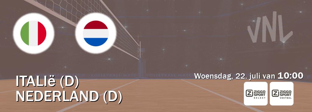 Wedstrijd tussen Italië (D) en Nederland (D) live op tv bij Ziggo Sport 2, Ziggo Sport (woensdag, 22. juli van 10:00). Wedstrijd tussen Italië (D) en Nederland (D) live op tv bij Ziggo Sport 2, Ziggo Sport (woensdag, 22. juli van 10:00).