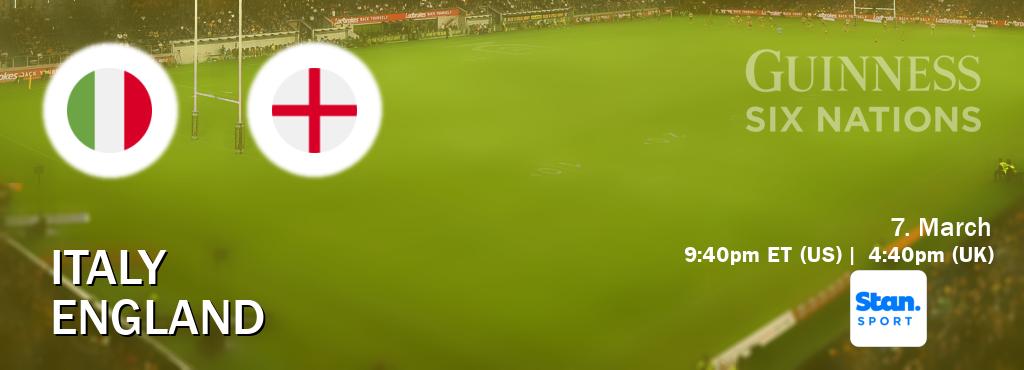 You can watch game live between Italy and England on Stan Sport(AU).