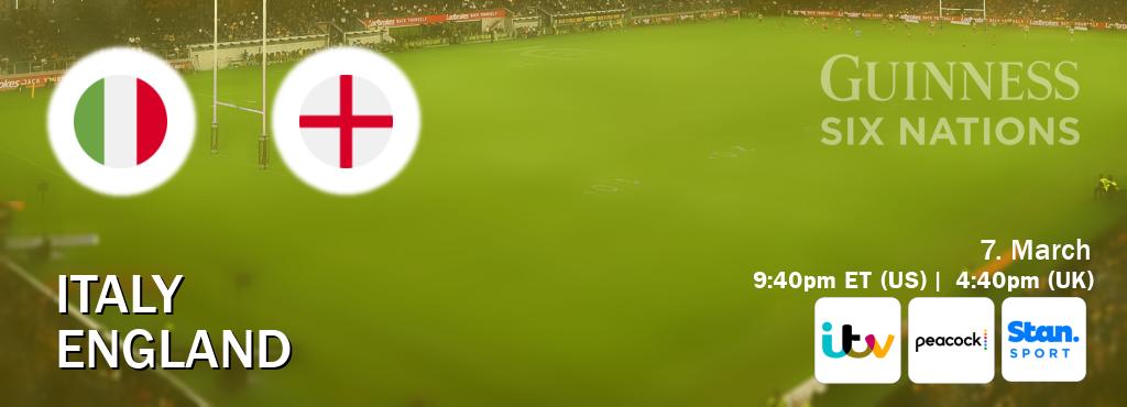 You can watch game live between Italy and England on ITV(UK), Peacock(US), Stan Sport(AU).