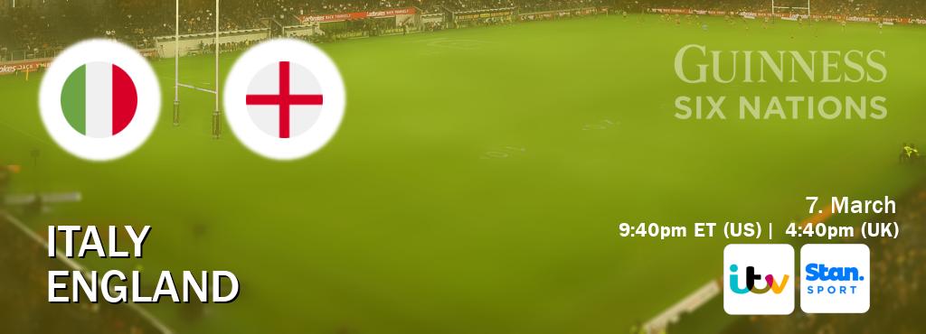 You can watch game live between Italy and England on ITV(UK) and Stan Sport(AU). You can watch game live between Italy and England on ITV(UK) and Stan Sport(AU).