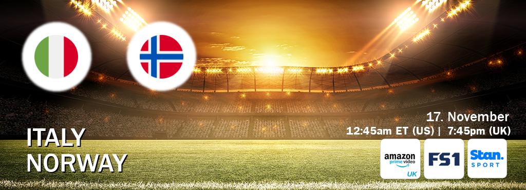 You can watch game live between Italy and Norway on Amazon Prime Video UK(UK), FOX Sports 1(US), Stan Sport(AU). You can watch game live between Italy and Norway on Amazon Prime Video UK(UK), FOX Sports 1(US), Stan Sport(AU).