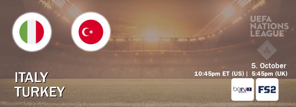 You can watch game live between Italy and Turkey on beIN SPORTS 3(AU) and FOX Sports 2(US). You can watch game live between Italy and Turkey on beIN SPORTS 3(AU) and FOX Sports 2(US).