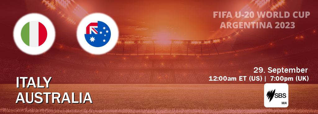 You can watch game live between Italy U20 and Australia U20 on SBS WA(AU). You can watch game live between Italy U20 and Australia U20 on SBS WA(AU).