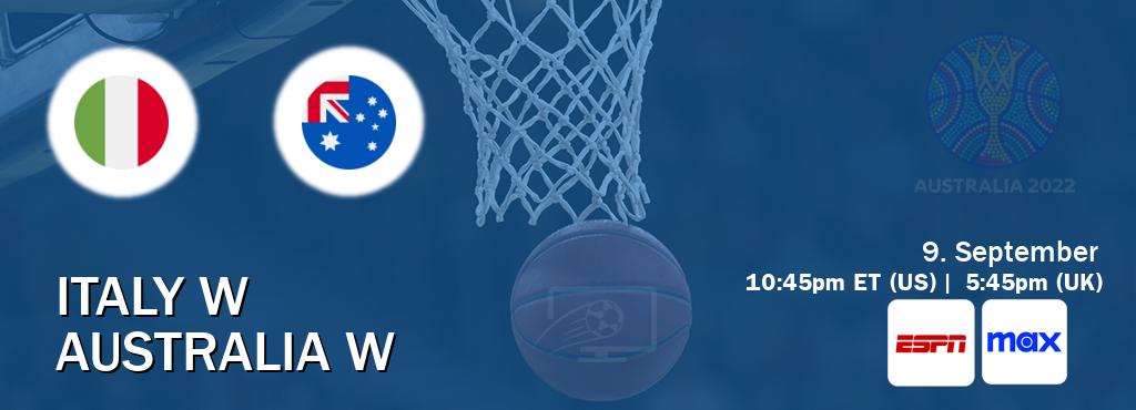 You can watch game live between Italy W and Australia W on ESPN(AU) and Max(US). You can watch game live between Italy W and Australia W on ESPN(AU) and Max(US).