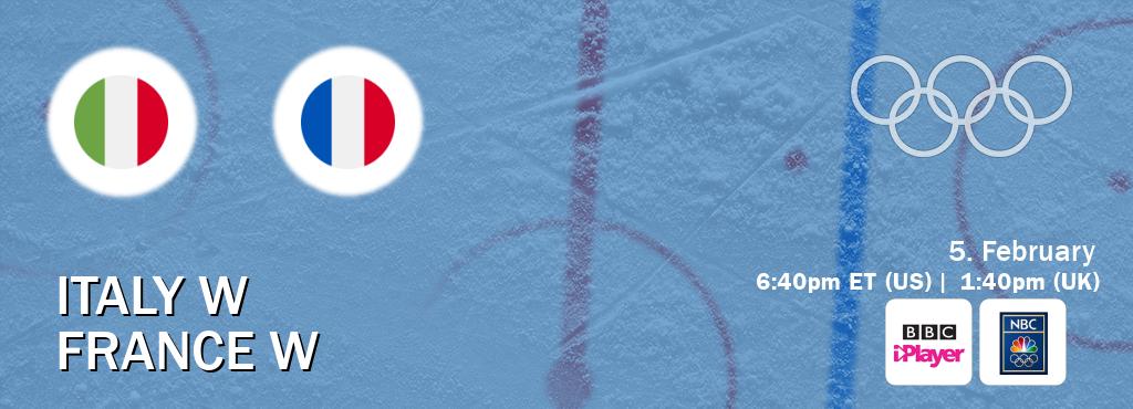 You can watch game live between Italy W and France W on BBC iPlayer(UK) and NBC Olympics(US).