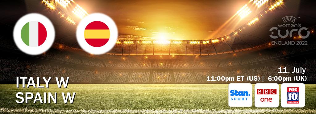 You can watch game live between Italy W and Spain W on Stan Sport(AU), BBC One(UK), KSAZ TV(US). You can watch game live between Italy W and Spain W on Stan Sport(AU), BBC One(UK), KSAZ TV(US).