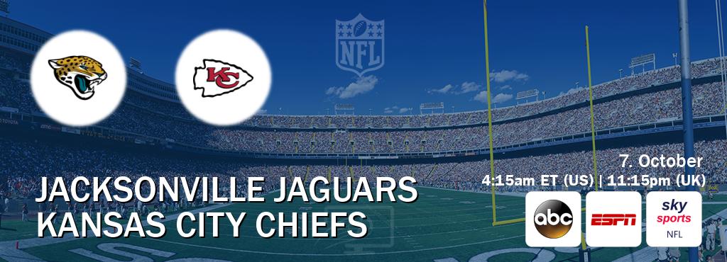 You can watch game live between Jacksonville Jaguars and Kansas City Chiefs on ABC(US), ESPN(AU), Sky Sports NFL(UK). You can watch game live between Jacksonville Jaguars and Kansas City Chiefs on ABC(US), ESPN(AU), Sky Sports NFL(UK).
